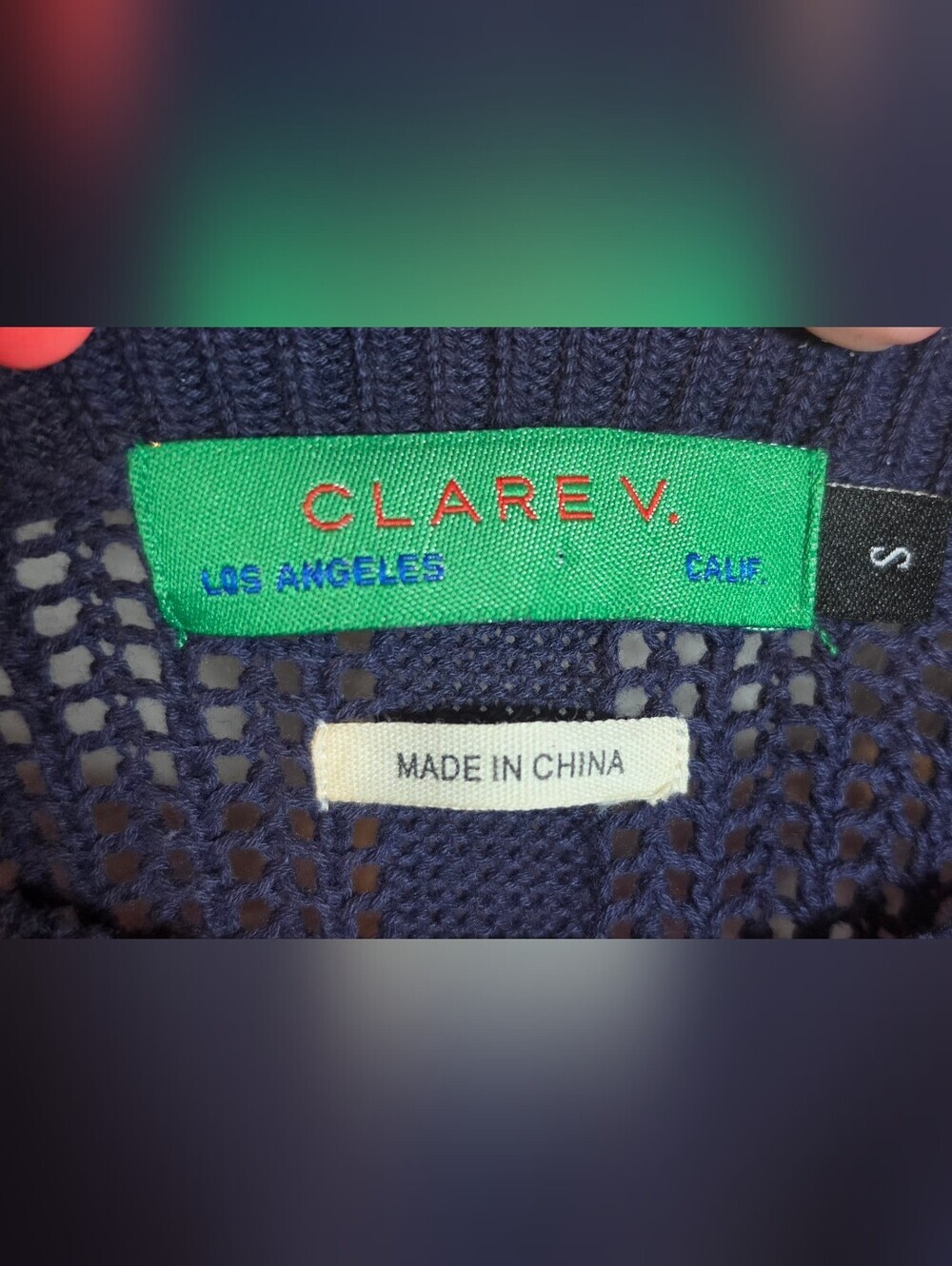 ​Clare V. Raglan Open Weave Sweater Vest Small Navy & Poppy Stripe Preppy - Picture 6 of 8